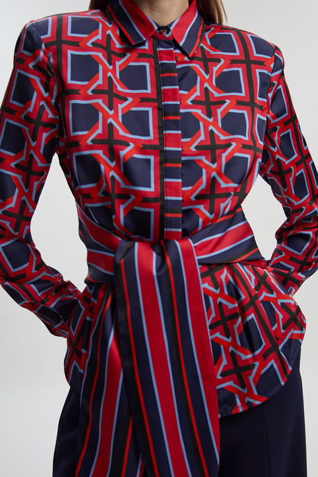 Geo Print Hammered Satin Tie Waist Woven Shirt - Image 3