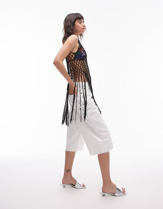 Topshop – Svart stickad asymmetrisk topp med fransar och öppen stickning - Image 2