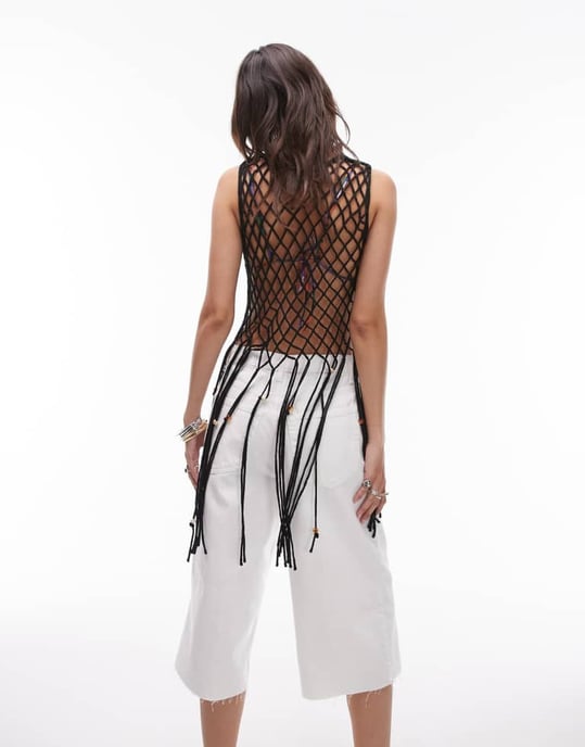 Topshop – Svart stickad asymmetrisk topp med fransar och öppen stickning - Image 4