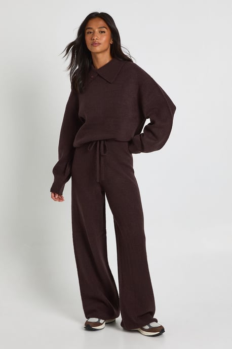 Petite Super Soft Crew Neck Knitted Chunky Cardigan and Wide Leg Trouser Co-Ord - Image 1