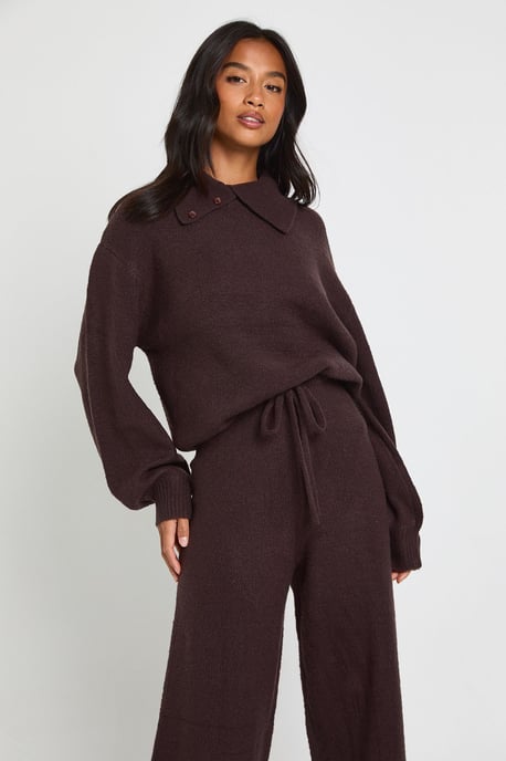 Petite Super Soft Crew Neck Knitted Chunky Cardigan and Wide Leg Trouser Co-Ord - Image 3
