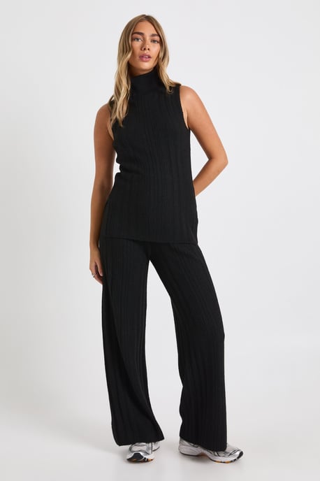 Soft Knit Longline Roll Neck Sleeveless Jumper and Wide Leg Trouser Co-Ord - Image 1