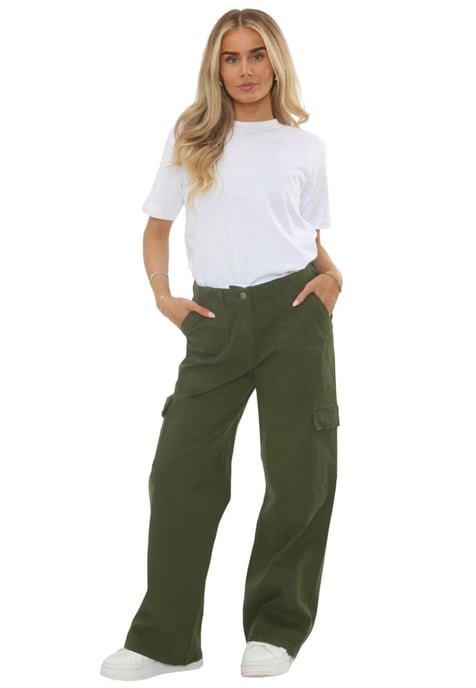 MYT Womens Wide Leg Cargo Combat Chino Trousers in Olive - Image 2