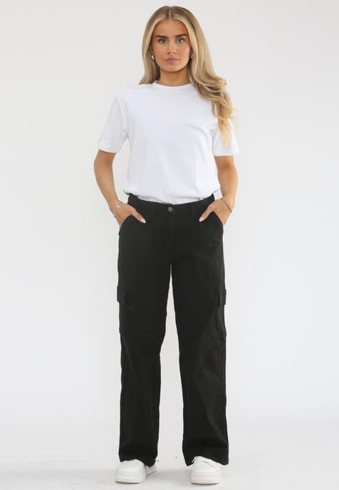 MYT Womens Wide Leg Cargo Combat Chino Trousers in Black - Image 2