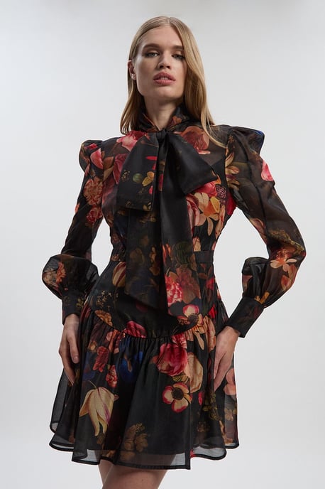 Floral Print Organdie High Neck Woven Mini Dress - Image 1