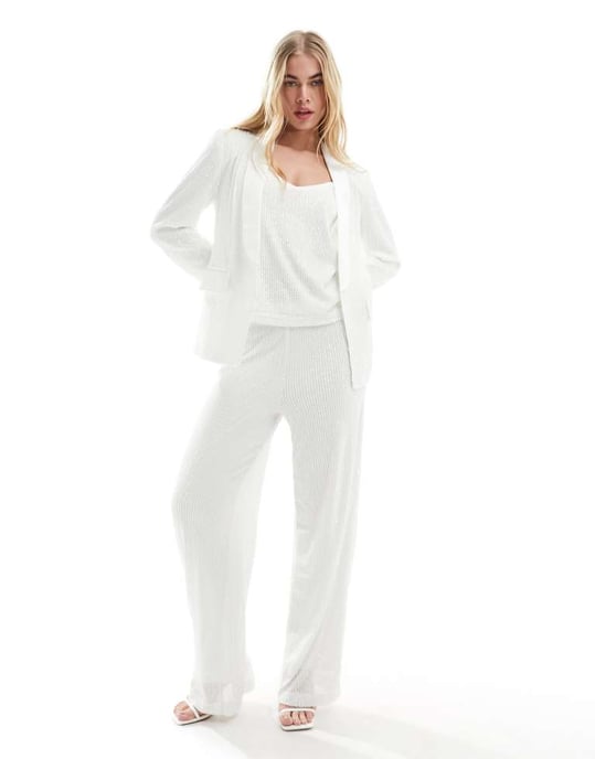 Vila brud-sequinsk blazer med satinrevär i vitt - Image 2