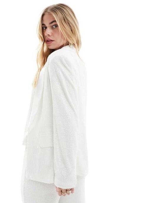 Vila brud-sequinsk blazer med satinrevär i vitt - Image 3