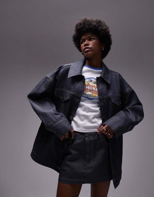 Topshop – Grå denimjacka med ballongmotiv och lång passform - Image 1