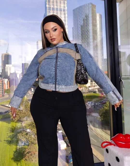 Labelrail x Holly Marston denim moto jacket with PU panels in blue - Image 1