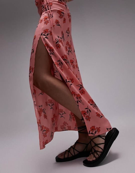 Topshop – Rosa maxikjol med körsbärsblommor och slits, del av set - Image 2