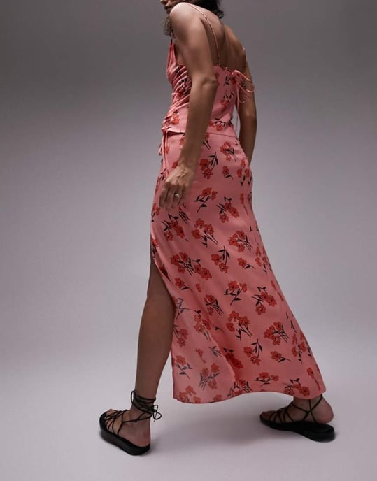Topshop – Rosa maxikjol med körsbärsblommor och slits, del av set - Image 3