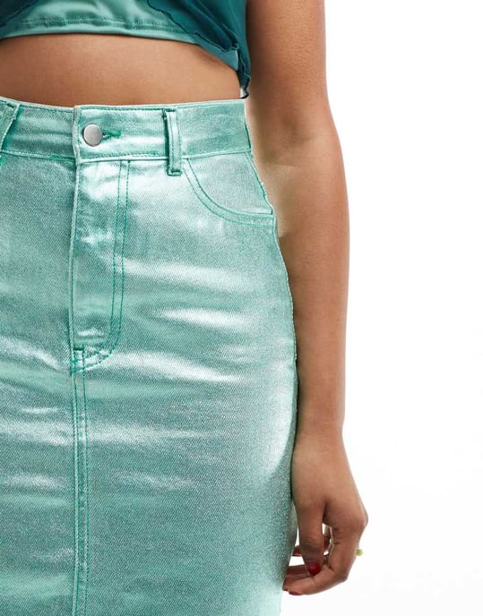 In The Style – Metallisk denimminikjol i turkos - Image 4