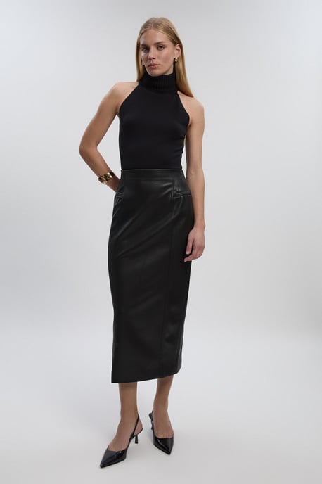 Faux Leather Seam Waist Detail Pencil Midi Skirt - Image 1
