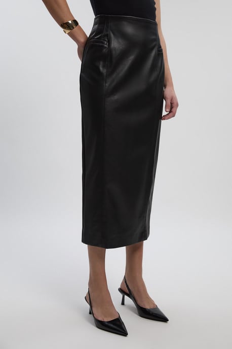 Faux Leather Seam Waist Detail Pencil Midi Skirt - Image 2