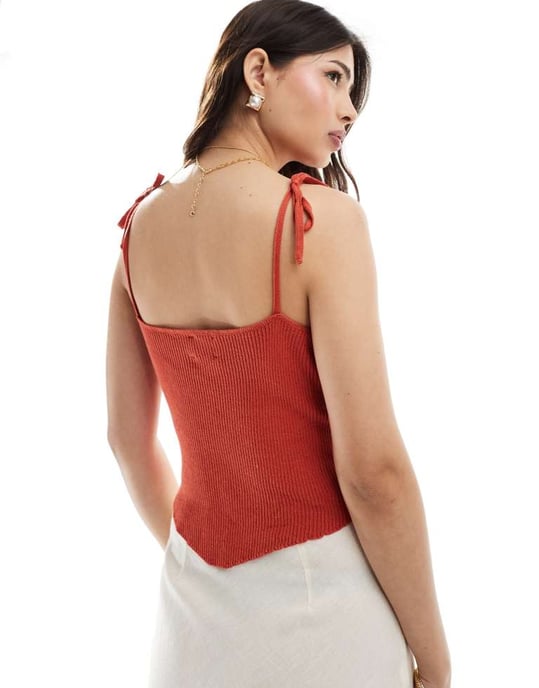 ASOS DESIGN – Rostfärgad, ribbad stickad linneklänning med knytband - Image 3