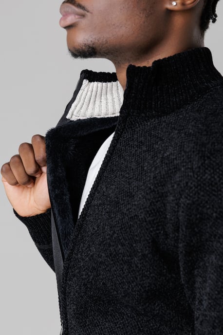 Black Sherpa-Lined Zip-Through Cardigan - Image 4