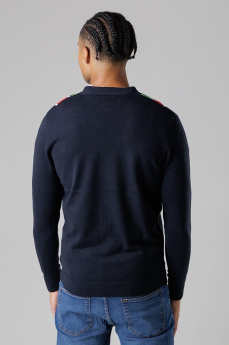 Dark Navy Festive Jacquard V-Neck Cardigan - Image 2