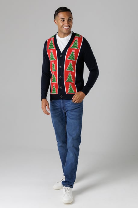 Dark Navy Festive Jacquard V-Neck Cardigan - Image 3