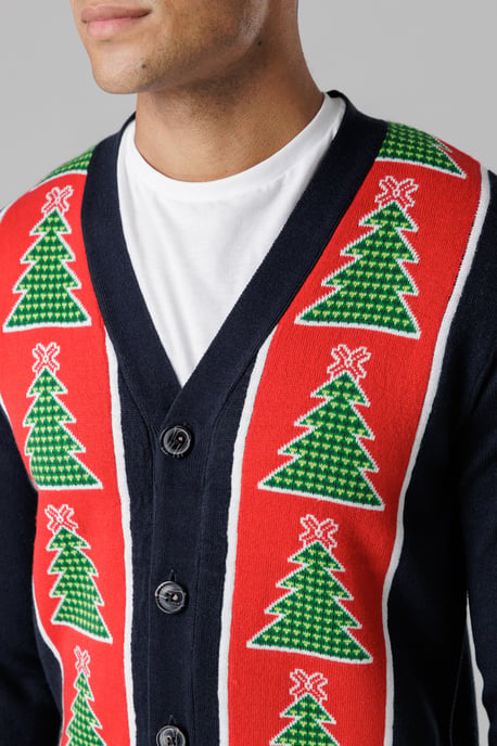 Dark Navy Festive Jacquard V-Neck Cardigan - Image 4