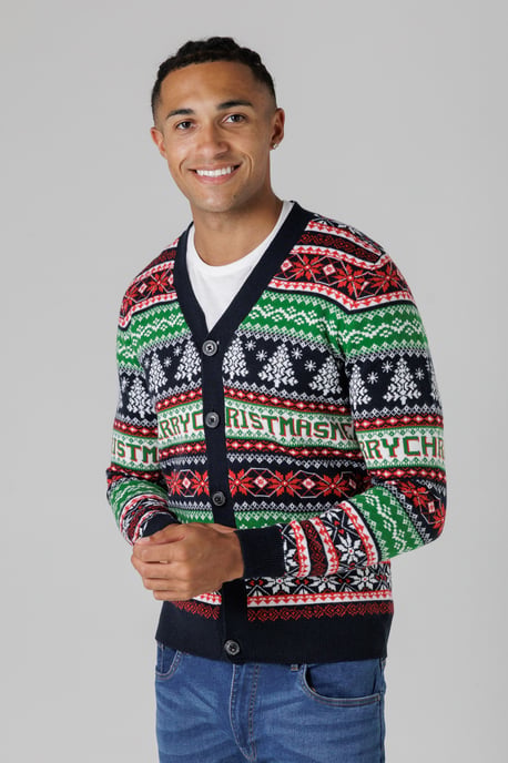 Dark Navy Festive Jacquard V-Neck Cardigan - Image 1