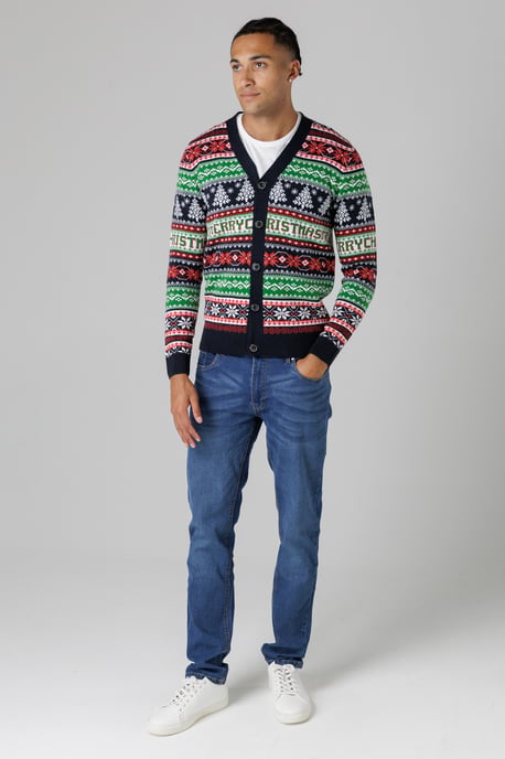 Dark Navy Festive Jacquard V-Neck Cardigan - Image 3