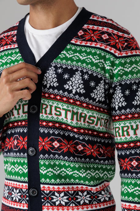 Dark Navy Festive Jacquard V-Neck Cardigan - Image 4