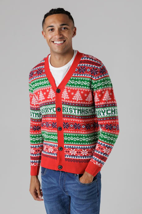 Red Festive Jacquard V-Neck Cardigan - Image 1
