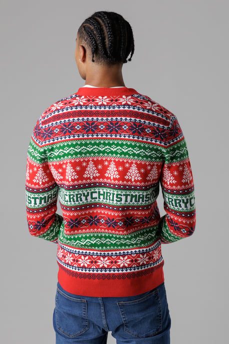 Red Festive Jacquard V-Neck Cardigan - Image 2
