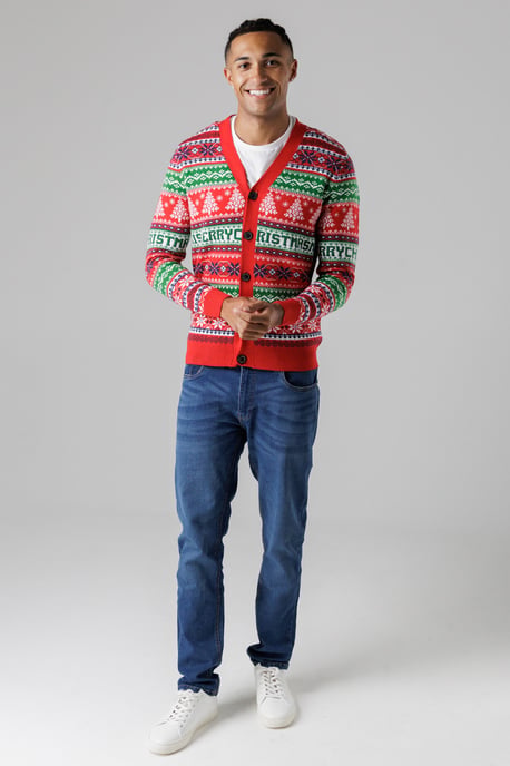 Red Festive Jacquard V-Neck Cardigan - Image 3
