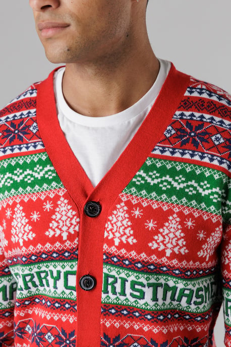 Red Festive Jacquard V-Neck Cardigan - Image 4