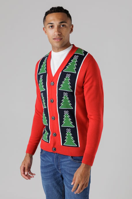 Red Festive Jacquard V-Neck Cardigan - Image 1