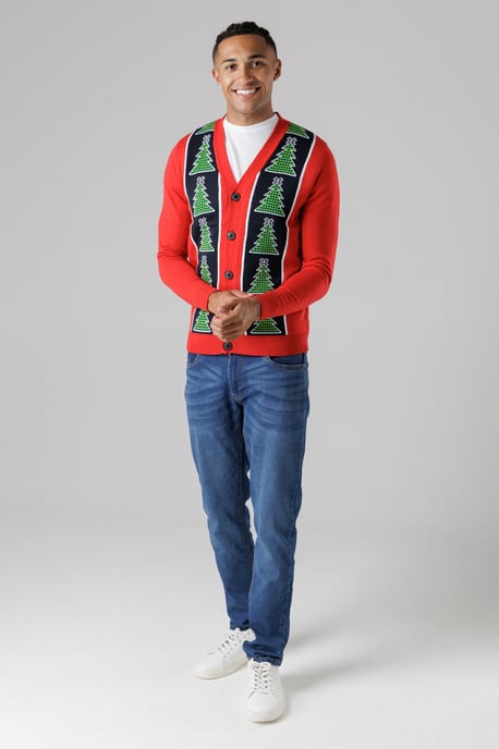 Red Festive Jacquard V-Neck Cardigan - Image 3