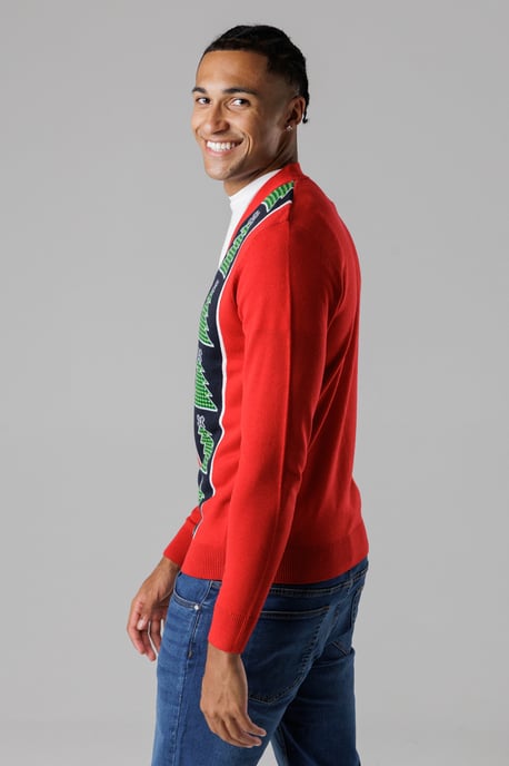 Red Festive Jacquard V-Neck Cardigan - Image 4