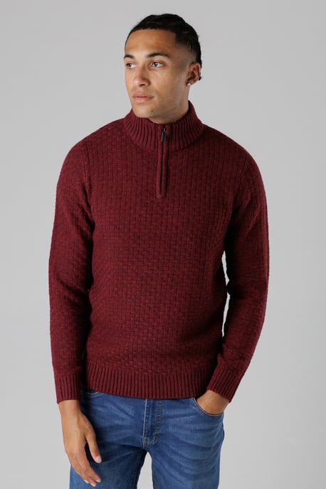 Wine Quarter Zip Basket Stitch Jumper - Image 1