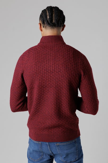 Wine Quarter Zip Basket Stitch Jumper - Image 2