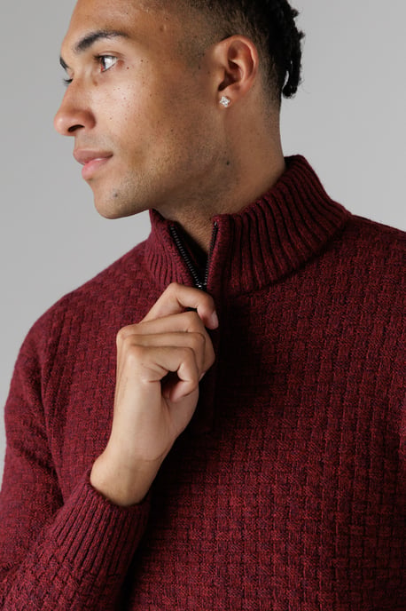 Wine Quarter Zip Basket Stitch Jumper - Image 4