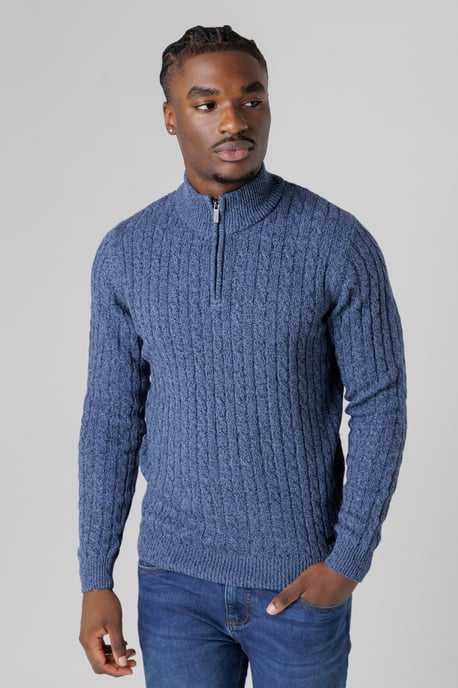 Mid Blue Quarter Zip Cotton Blend Jumper - Image 1