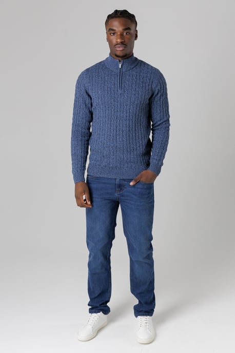 Mid Blue Quarter Zip Cotton Blend Jumper - Image 3