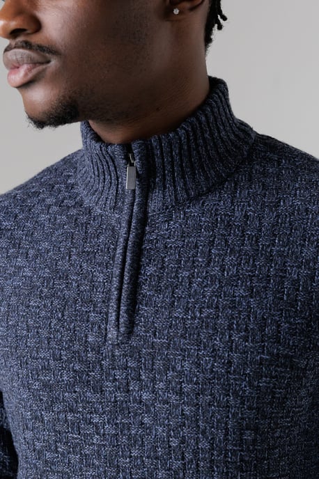 Dark Blue Quarter Zip Basket Stitch Jumper - Image 4