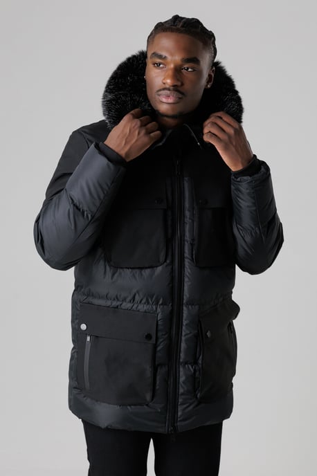 Black Padded Parka Jacket With Faux Fur-Lined Hood - Image 4