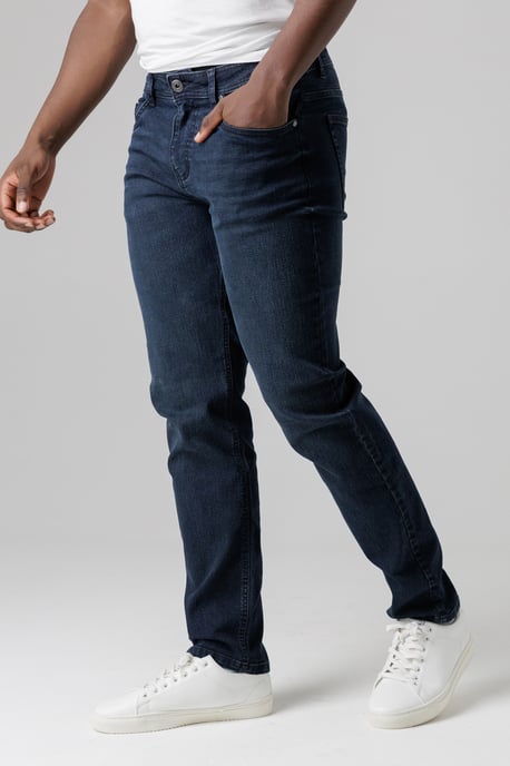 Dark Blue Straight Fit Cotton Blend Jeans - Image 3