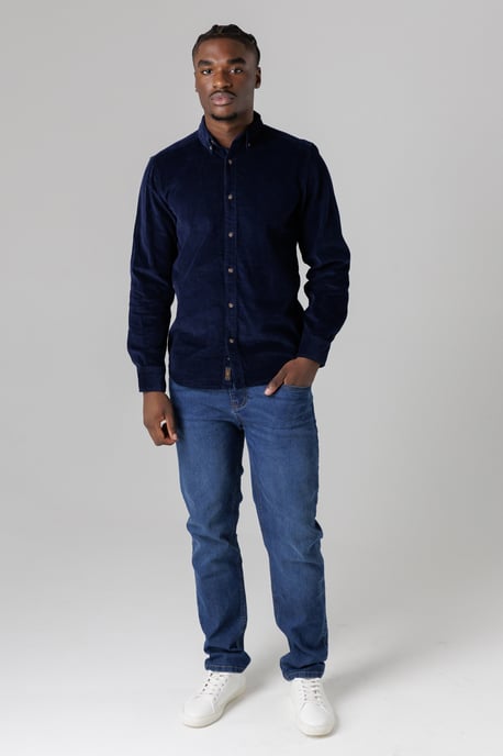 Blue Cotton Corduroy Shirt With Button Collar - Image 3