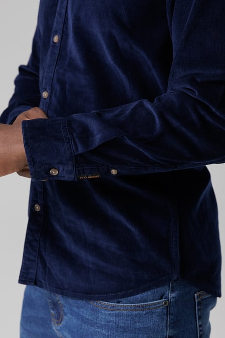 Blue Cotton Corduroy Shirt With Button Collar - Image 4