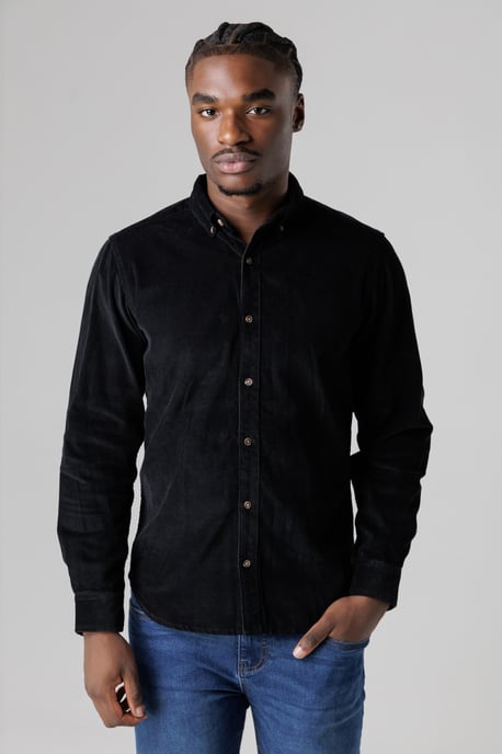 Black Cotton Corduroy Shirt With Button Collar - Image 1
