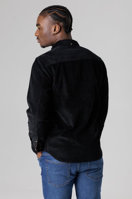Black Cotton Corduroy Shirt With Button Collar - Image 2