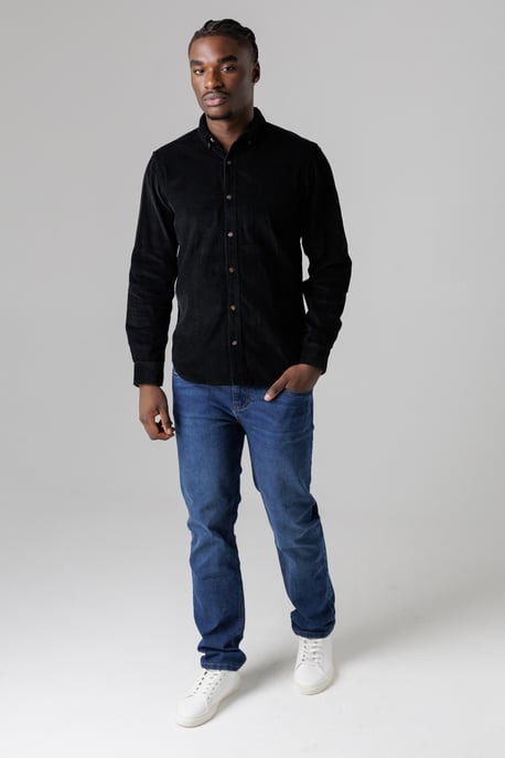 Black Cotton Corduroy Shirt With Button Collar - Image 3