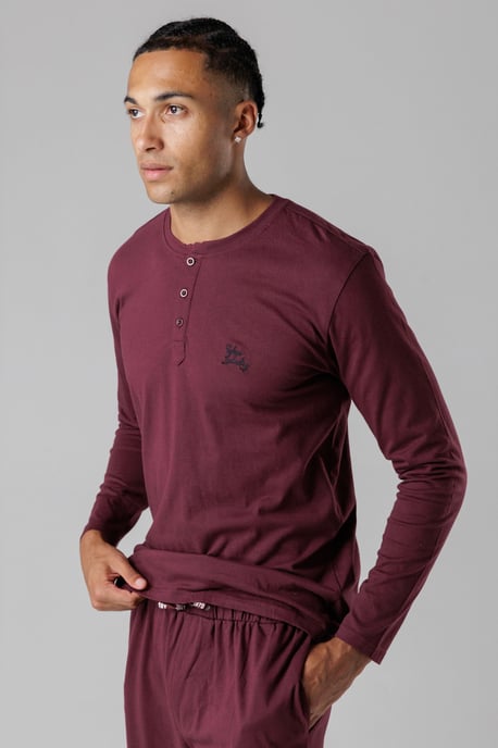 Burgundy Cotton Crew Neck Pyjama Set - Image 4