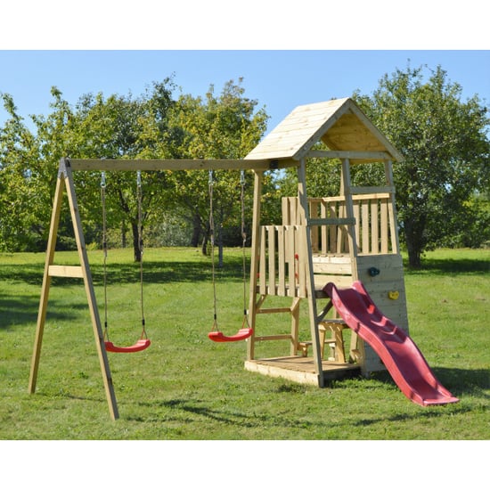 Wendi Toys Houten speeltoren flamingo | met glijbaan, klimwand, 2 schommels & - Image 1