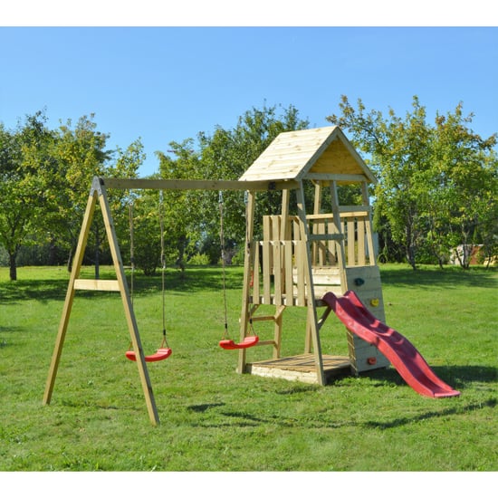 Wendi Toys Houten speeltoren salamander glijbaan, klimwand en 2 schommels - Image 6