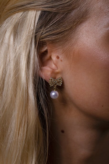 Diamante Bow Pearl Drop Earrings - Gift Boxed - Image 4